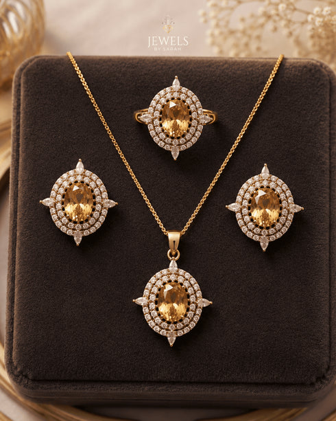 22K gold polish necklace set with champagne jurao stone and AD stone halo earrings - Jewels by Sarah Signature Collection