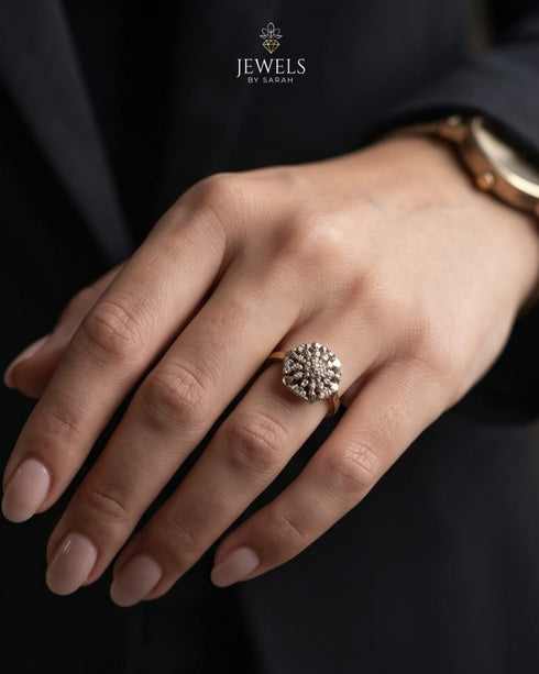 Woman wearing gold plated zircon cluster ring – Jewels by Sarah
