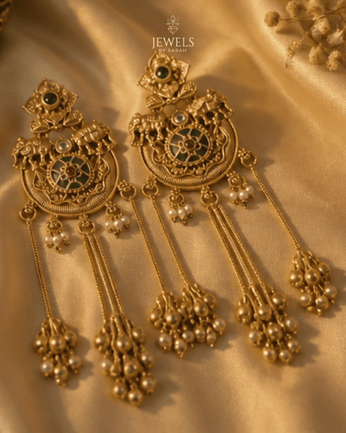 Kashmiri style antique gold elephant tassel earrings with pearl drops on silk fabric - Jewels by Sarah