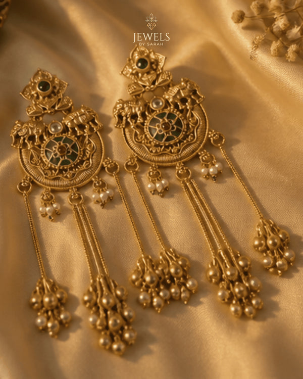 Kashmiri style antique gold elephant tassel earrings with pearl drops on silk fabric - Jewels by Sarah