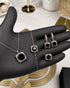 "Jet black halo crystal jewelry set with silver necklace, bracelet, earrings and ring"