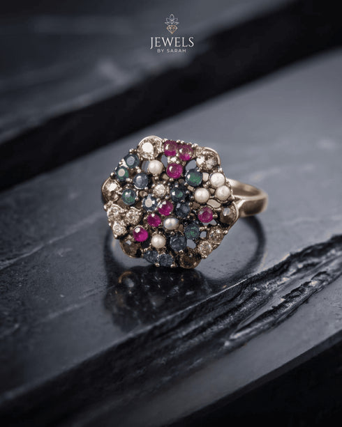 "Multicolor gemstone antique ring with pearls and sapphire ruby emerald stones by Jewels by Sarah"