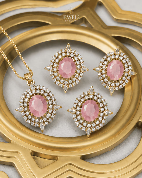 Pink AD stone Jadau pendant and earrings set in gold display tray - Jewels by Sarah 22K gold polish