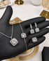 "Clear crystal halo jewelry set in silver with necklace, bracelet, earrings and ring"