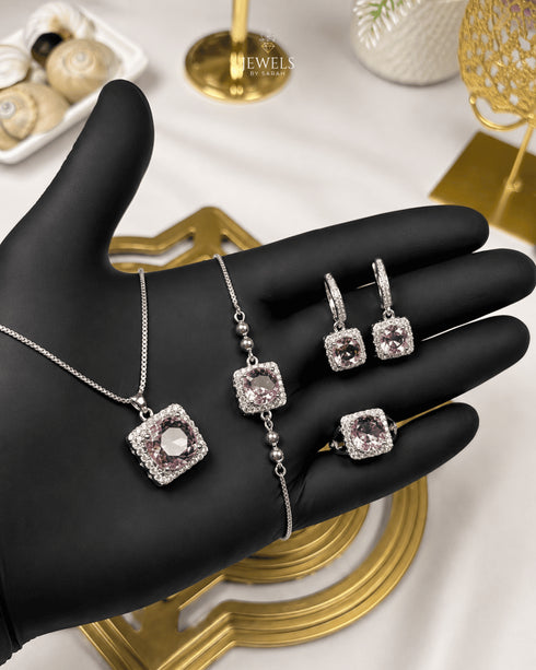 "Baby pink halo crystal jewelry set with silver necklace, bracelet, earrings and ring"