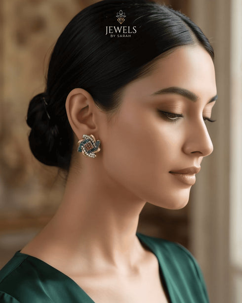 "Model wearing multicolor gemstone antique stud earring styled with green outfit by Jewels by Sarah"