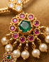 Close-up of emerald and ruby kemp stone pendant with pearl drops in 22K gold polish - Jewels by Sarah Signature Collection