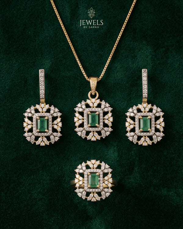 22K gold plated emerald Jurao stones necklace earrings and ring set - Jewels by Sarah
