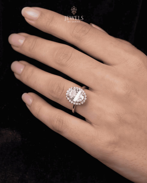 Model wearing clear crystal oval halo statement ring by Jewels by Sarah"
