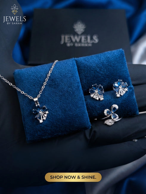 S925 Sterling Silver 3-Piece Floral Necklace Set with Marquise Cut Zircons - Available in Ruby Blue Champagne and White