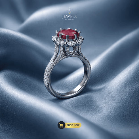 Side profile of Jewels by Sarah Signature ruby ring showing elevated crown