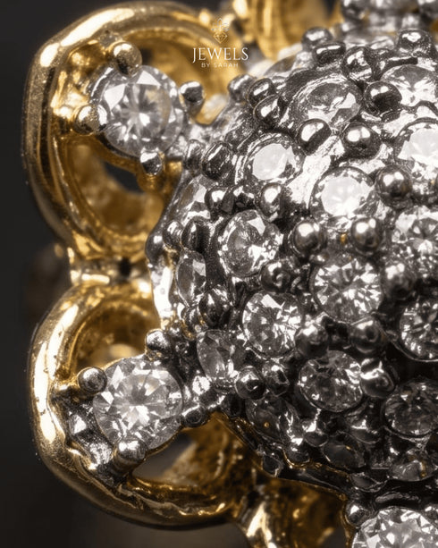 "Close-up of textured crystal dome and gold scalloped edge on statement ring by Jewels by Sarah"