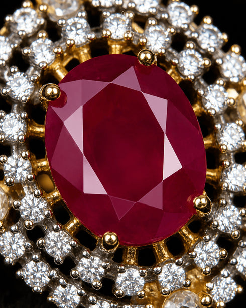 Close-up of ruby red centerstone and AD stone halo on Jadau pendant - Jewels by Sarah