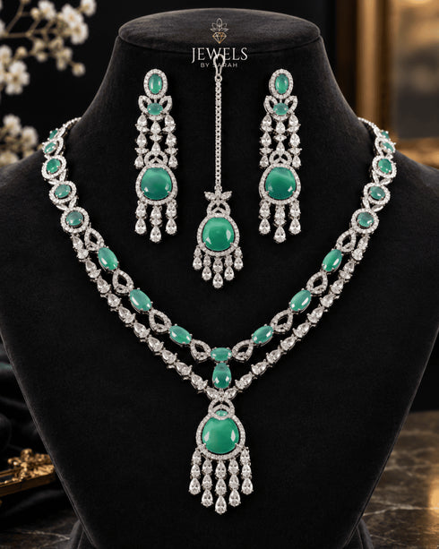 Mint green stone silver plated bridal necklace set with tikka on mannequin