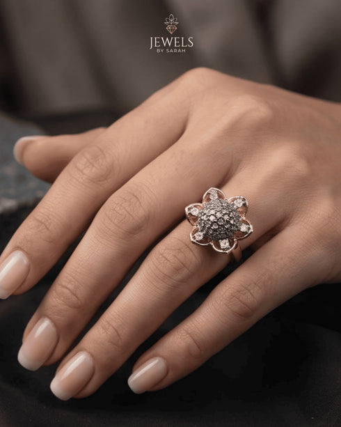 "Model wearing two-tone domed crystal statement ring by Jewels by Sarah"