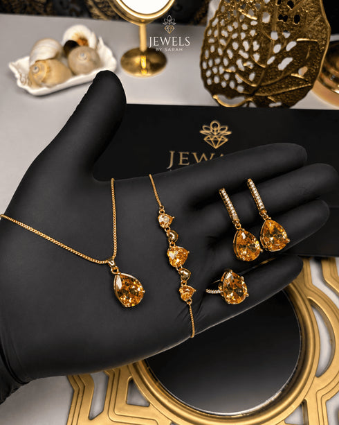Champagne gold crystal teardrop jewelry set with necklace, earrings, bracelet and ring by Jewels by Sarah"