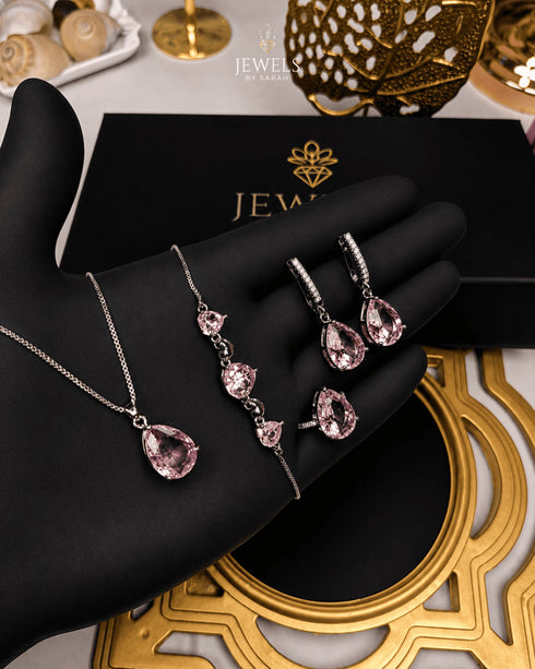 "Baby pink crystal teardrop jewelry set with necklace, earrings, bracelet and ring by Jewels by Sarah"