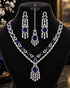 Sapphire blue stone silver plated bridal necklace set with tikka on mannequin