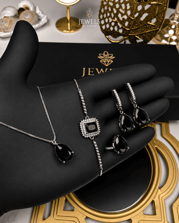 "Black crystal teardrop jewelry set with necklace, earrings, bracelet and ring by Jewels by Sarah"