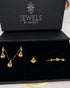 "Jewels by Sarah luxury jewelry gift box with champagne gold crystal necklace, earrings, ring and bracelet"