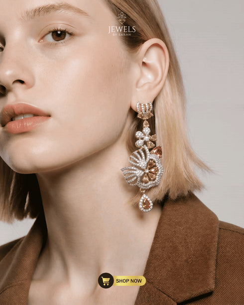 Luxury-Statement-Champagne-Floral-Drop-Earrings-Jewels-by-Sarah-Model-Shot