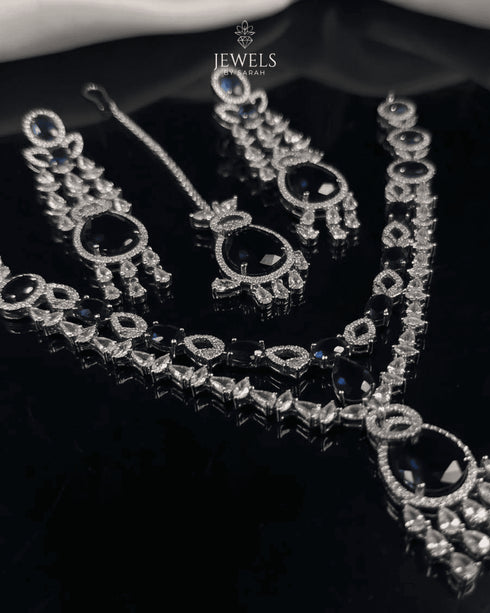 Silver plated sapphire blue and AD stones bridal jewelry set close up