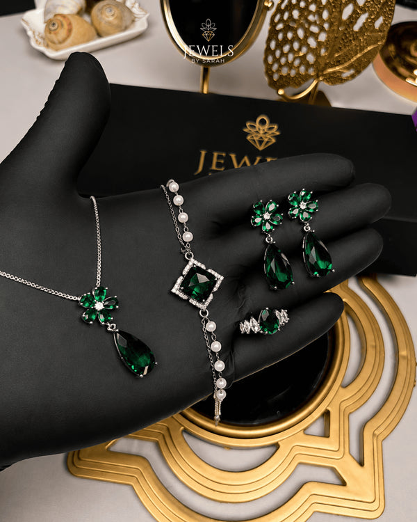 "Emerald green floral crystal jewelry set with pearl bracelet, earrings and ring by Jewels by Sarah"