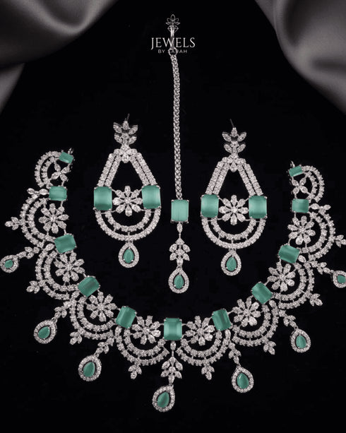 Silver plated bridal set with mint green AD stones and tikka