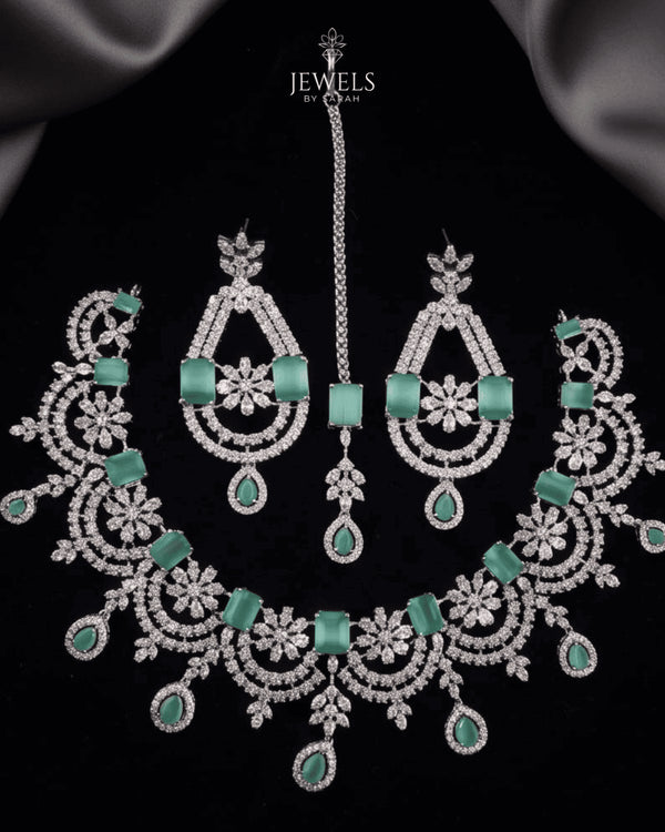 Silver plated bridal set with mint green AD stones and tikka