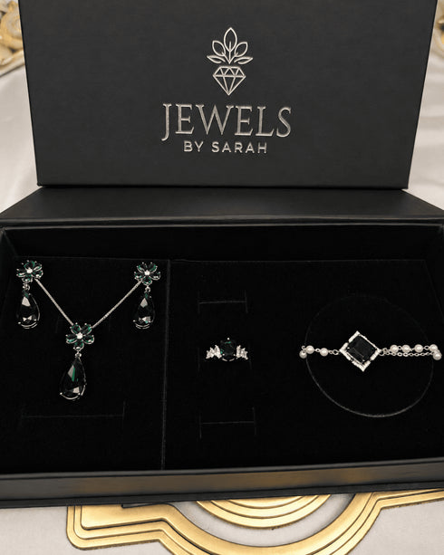 "Jewels by Sarah emerald green floral jewelry gift box with necklace, earrings, ring and pearl bracelet"