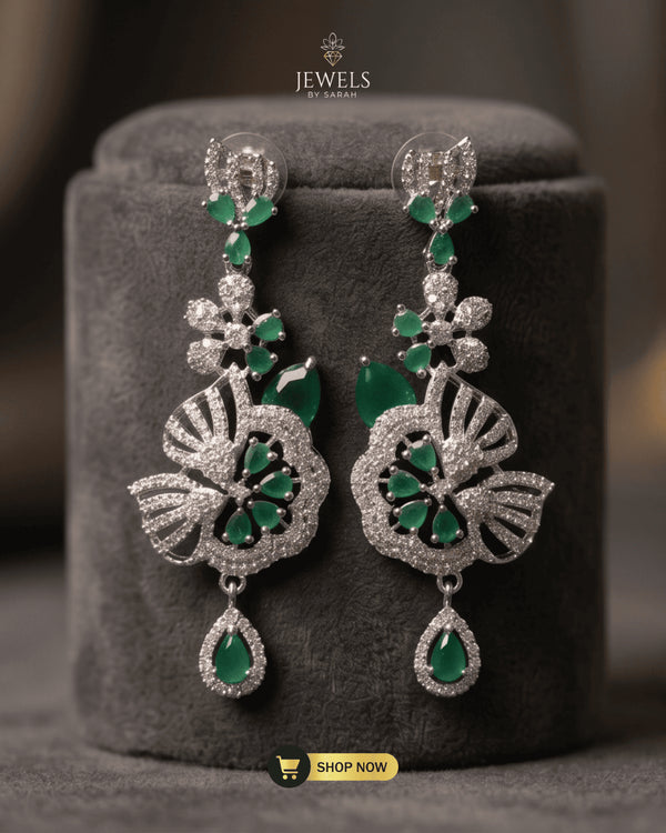The "Emerald Camellia" Grand Chandelier Drops – Intricate Mint Green Zircon & Premium AD Stone Earrings in Rhodium Finish
