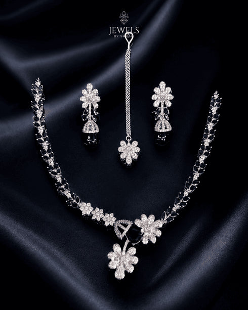 "Black AD bridal necklace set with tikka and earrings by Jewels by Sarah"