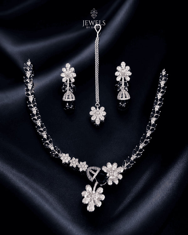 "Black AD bridal necklace set with tikka and earrings by Jewels by Sarah"