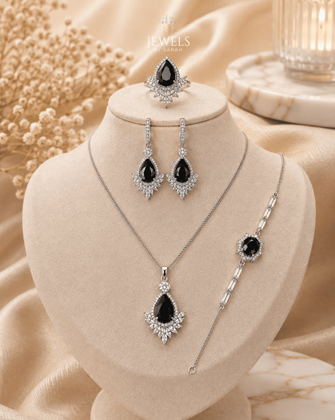 "Jet black marquise sunburst jewelry set with necklace, bracelet, earrings and ring"