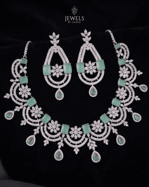 Mint green stone floral necklace and earring set silver plated