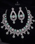 Mint green stone floral necklace and earring set silver plated