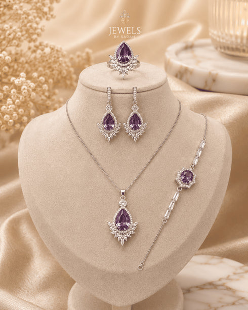 "Baby pink marquise sunburst jewelry set with necklace, bracelet, earrings and ring"