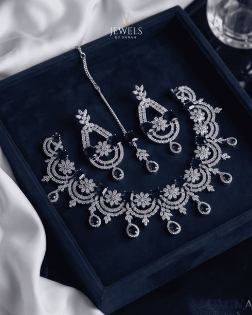 Silver plated bridal set with sapphire blue AD stones and tikka in box