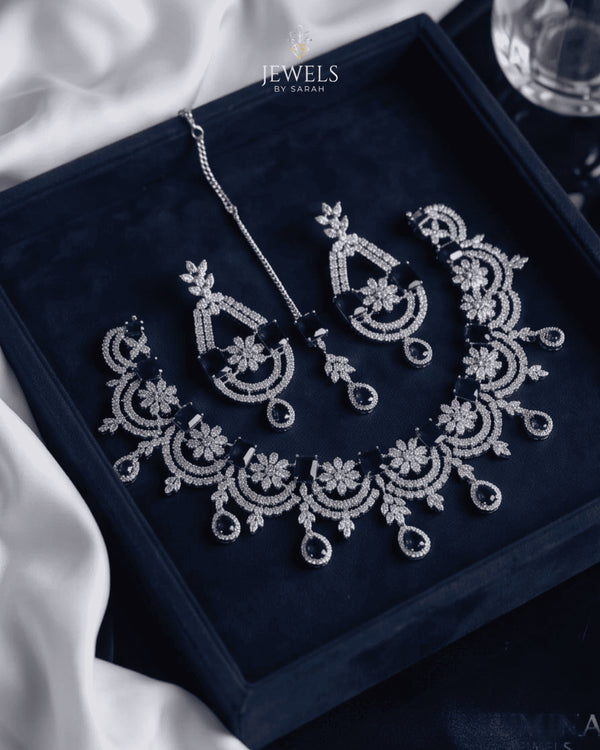 Silver plated bridal set with sapphire blue AD stones and tikka in box