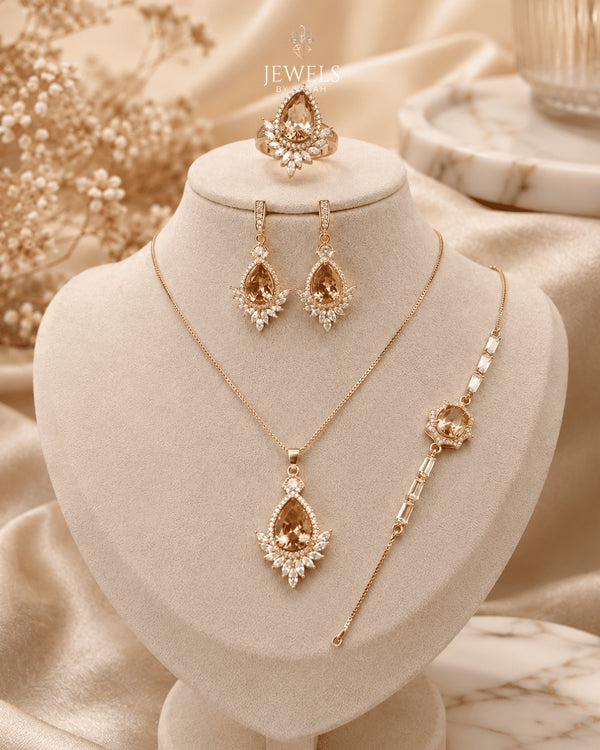"Champagne gold marquise sunburst jewelry set with necklace, bracelet, earrings and ring"