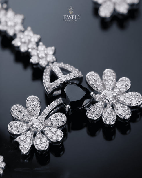 "Close-up of original AD stones and black crystal on silver polish bridal necklace"