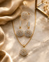 "22K gold plated sunburst zircon necklace set with earrings and ring on marble by Jewels by Sarah"