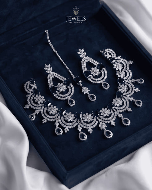 Sapphire blue stone floral necklace and earring set silver plated in box