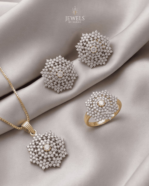 "Diamond-cut jurao stone necklace set with earrings and ring on grey satin by Jewels by Sarah"