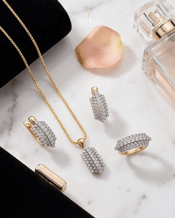 Gold plated two-tone zircon cluster jewelry set styled with rose petal and perfume – Jewels by Sarah