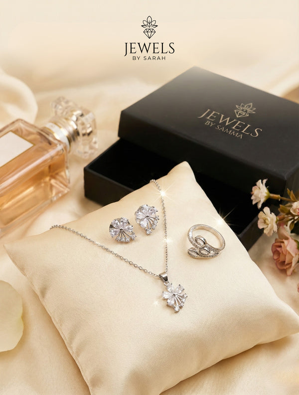 S925 Sterling Silver 3-Piece Floral Necklace Set with Marquise Cut Zircons - Available in Ruby Blue Champagne and White