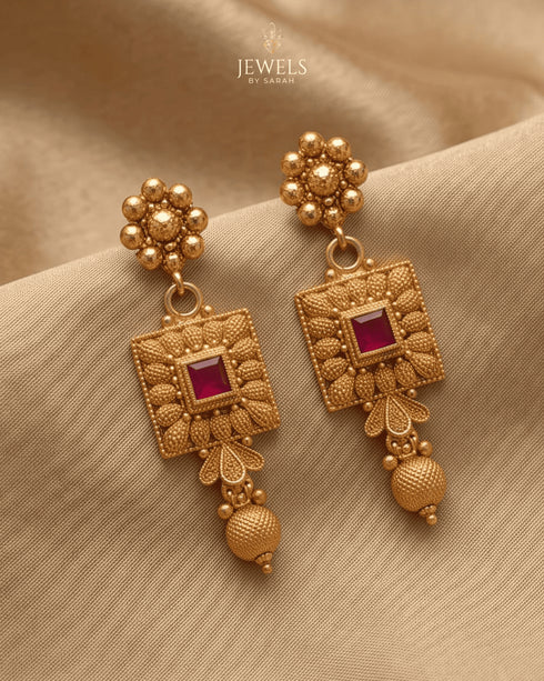 South Indian gold polish drop earrings with ruby stone and gold ball detail