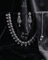 "Silver white AD scalloped necklace set with earrings and bracelet on grey velvet by Jewels by Sarah"