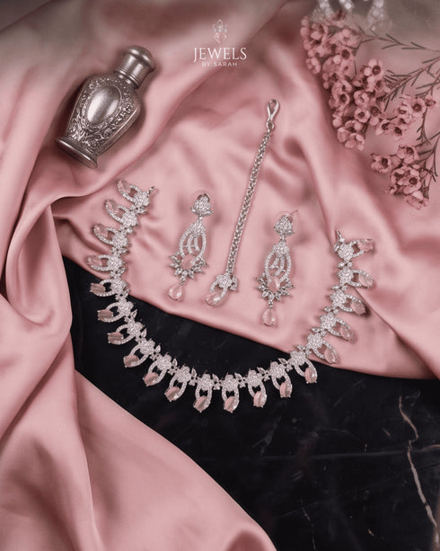 "Mint pink AD scalloped necklace set with tikka and earrings on pink satin by Jewels by Sarah"