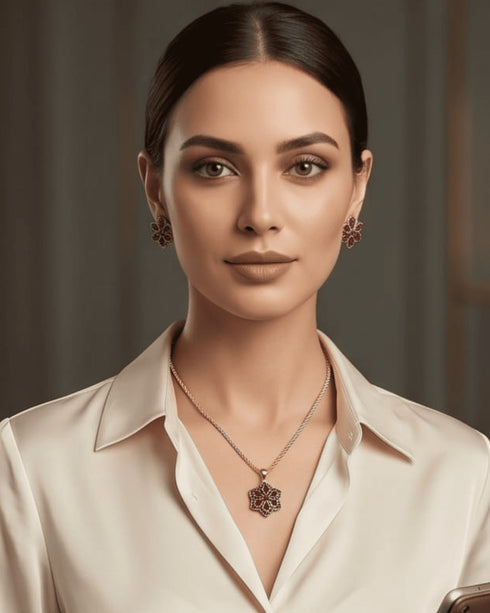 Elegant model wearing the signature ruby red pendant necklace and matching earrings paired with a white satin blouse.